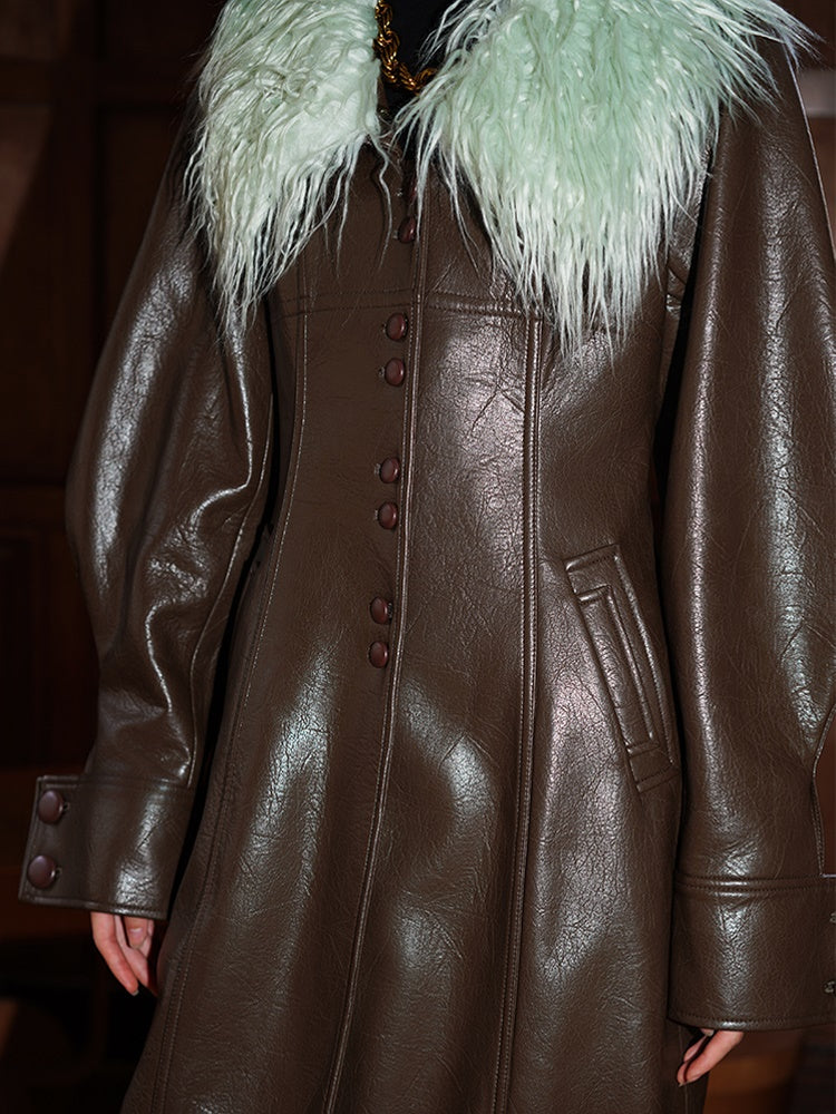 Fur Collar Slim Long Leather Coat