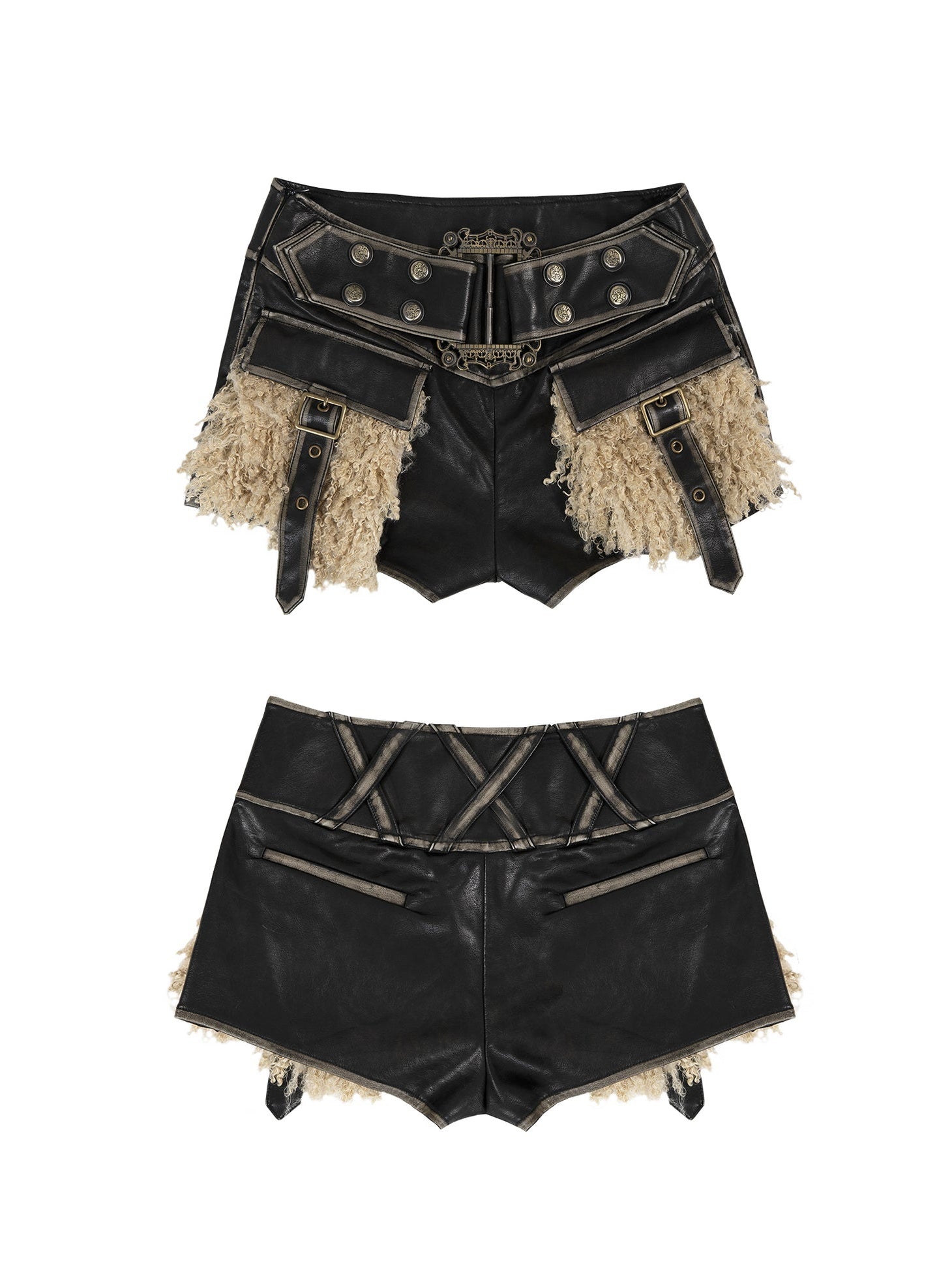 Punk Heavy Industry Plush Stitching Leather Shorts