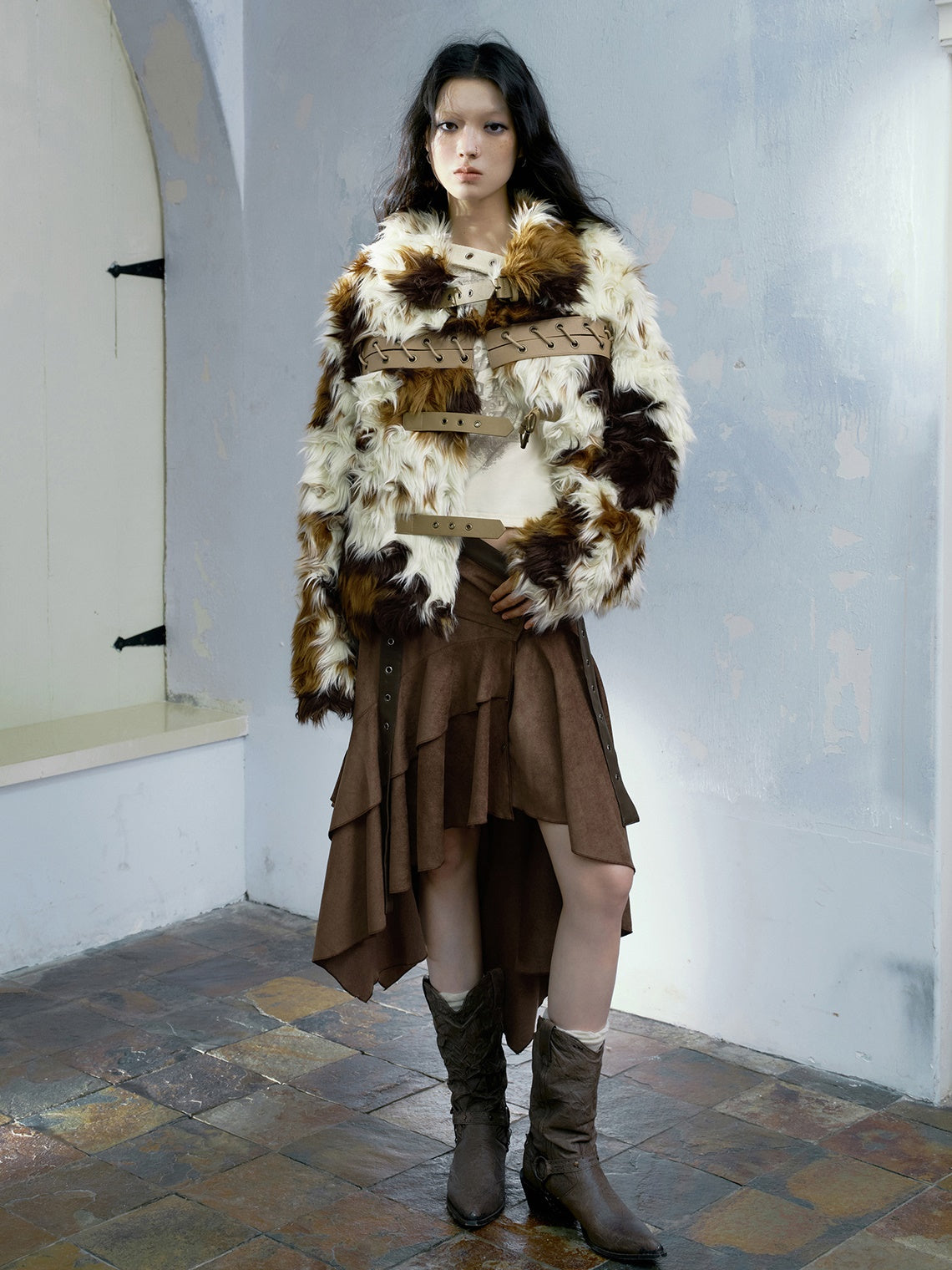 Color-blocked Strap Design Short Fur Coat