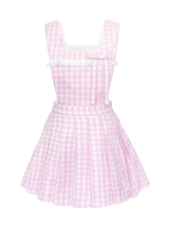 Plaid Bow Lace Pleated Skirt Sundress