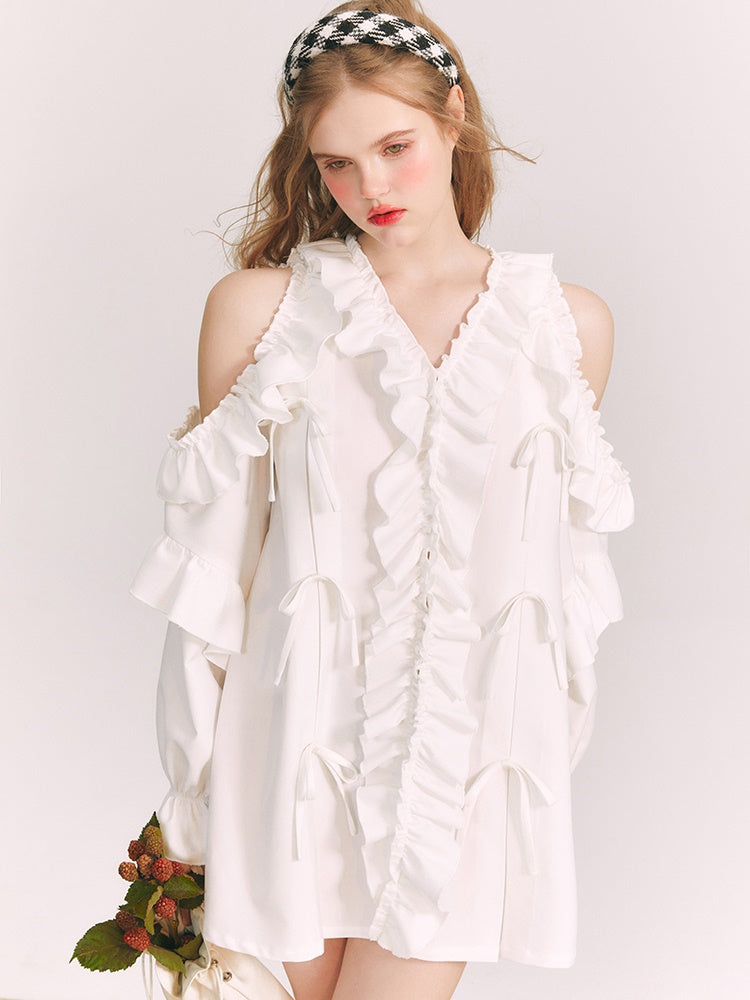 Cut-shoulder Ruffled V-neck Shirt Dress