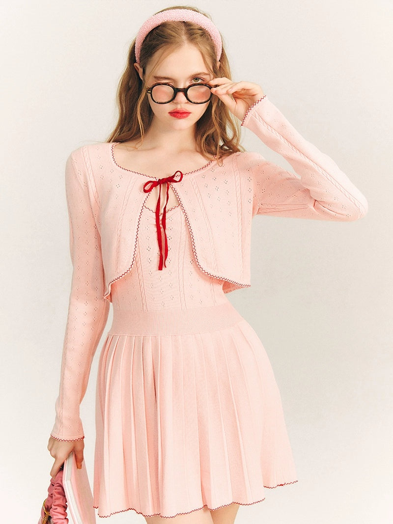 V-neck Suspender Skirt &amp; Knitted Cardigan Set-up