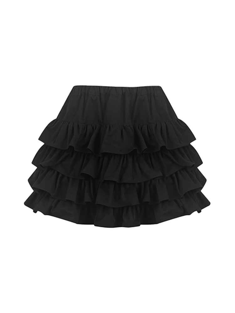 Frill Tiered Cropped Short Blouse＆Vest＆Skirt