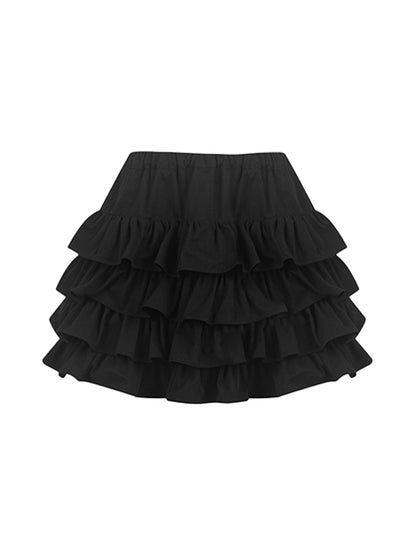 Frill Tiered Cropped Short Blouse &amp; Vest &amp; Skirt