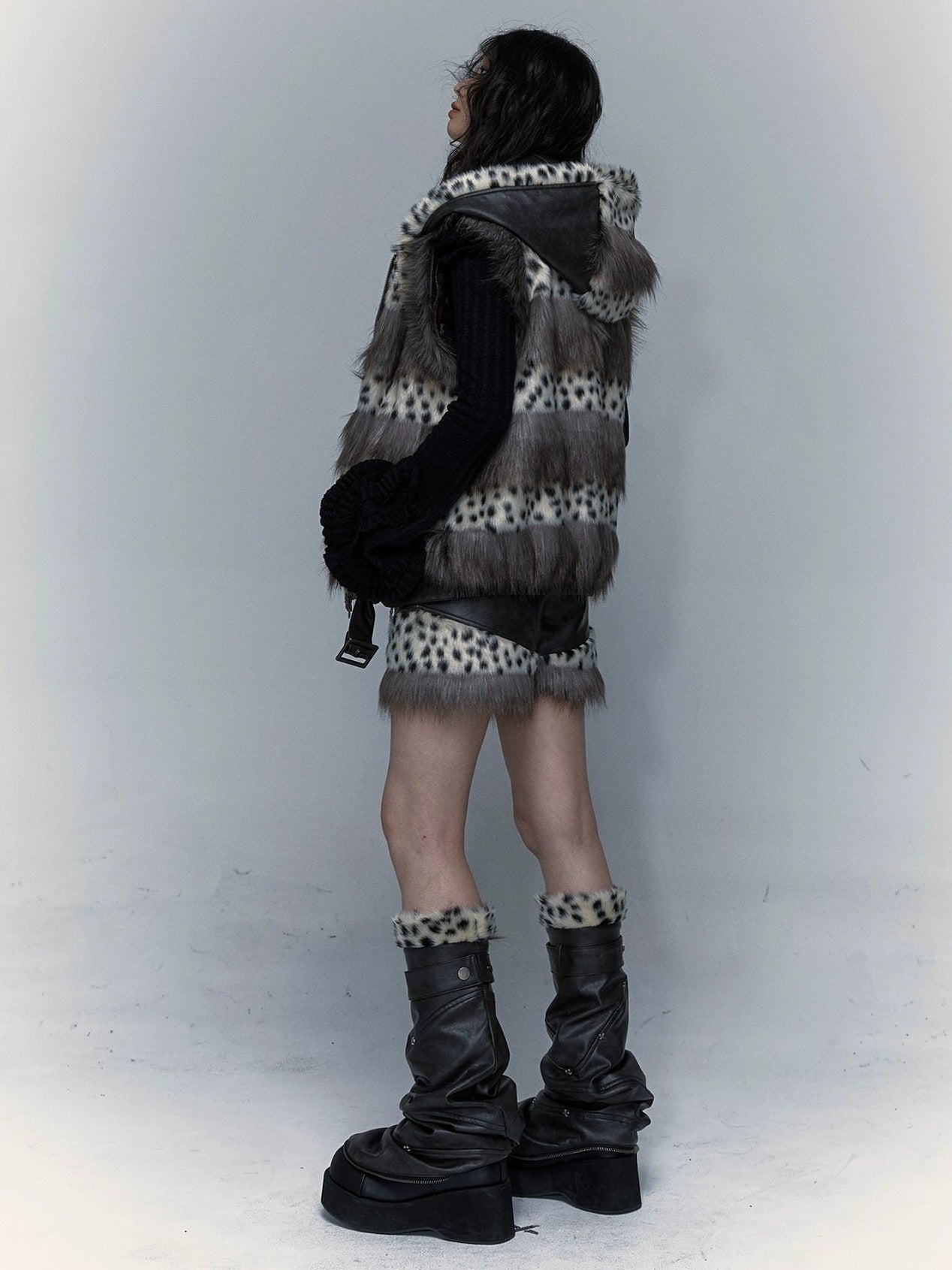 Removable Sleeve Hooded Leopard Print Eco-friendly Fur Jacket