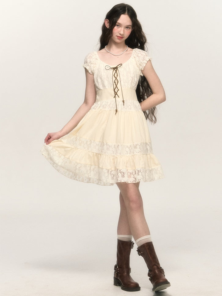 Retro Lace-up A-line Lace Tiered Puff Sleeve One-piece