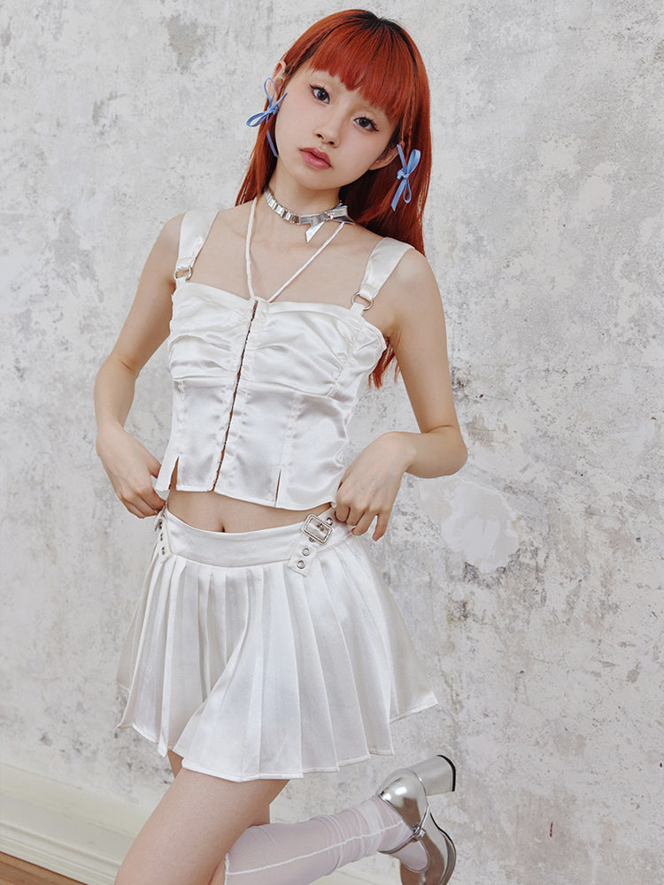 SHINY SUSPENDER TOP &amp; LOW WAIST PLEATED SKIRT