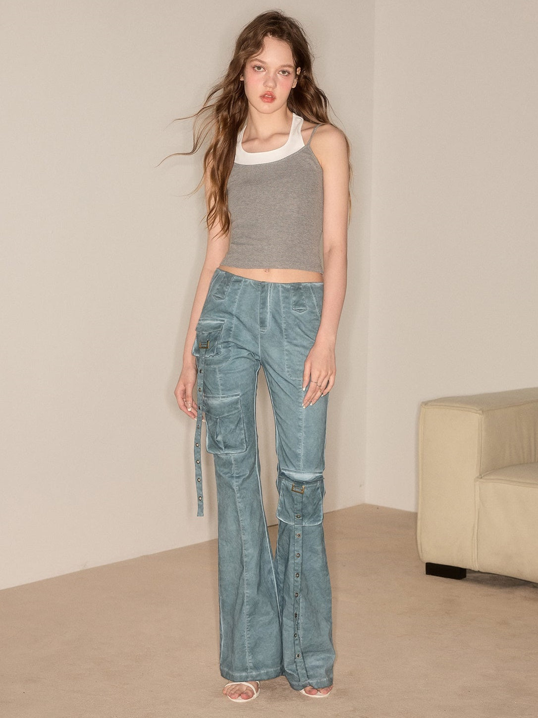 Slender Washed Retro Design Flare Pants