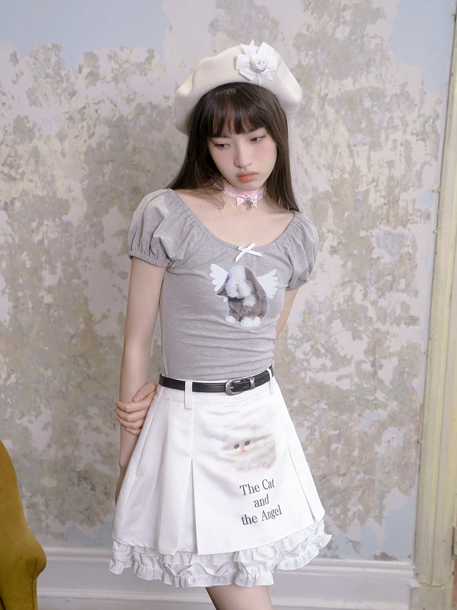 Angel Cat &amp; Bunny Bow Round Neck T-shirt