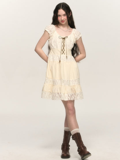 Retro Lace-up A-line Lace Tiered Puff Sleeve One-piece