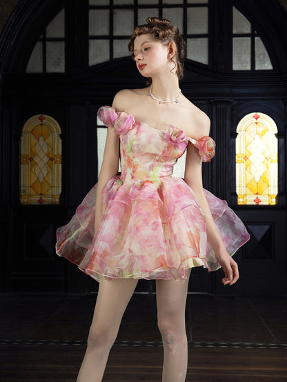 Smudged Three-dimensional flower 2way fluffy Dress