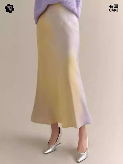 Set-Up Gradation Pale-Tone Retro Satin Cnihi Shirt＆Long-Skirt