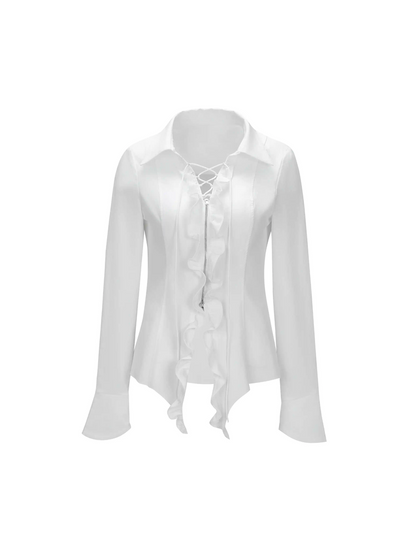 Slim Lace-Up Frill Long-Sleeve Simple Tops