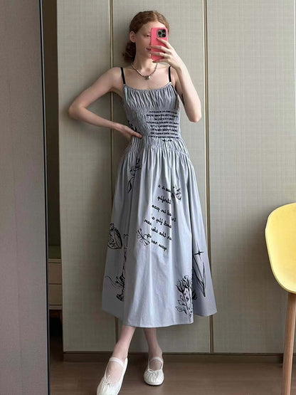 Niche Printed Shirring Gather Strap Long One-piece