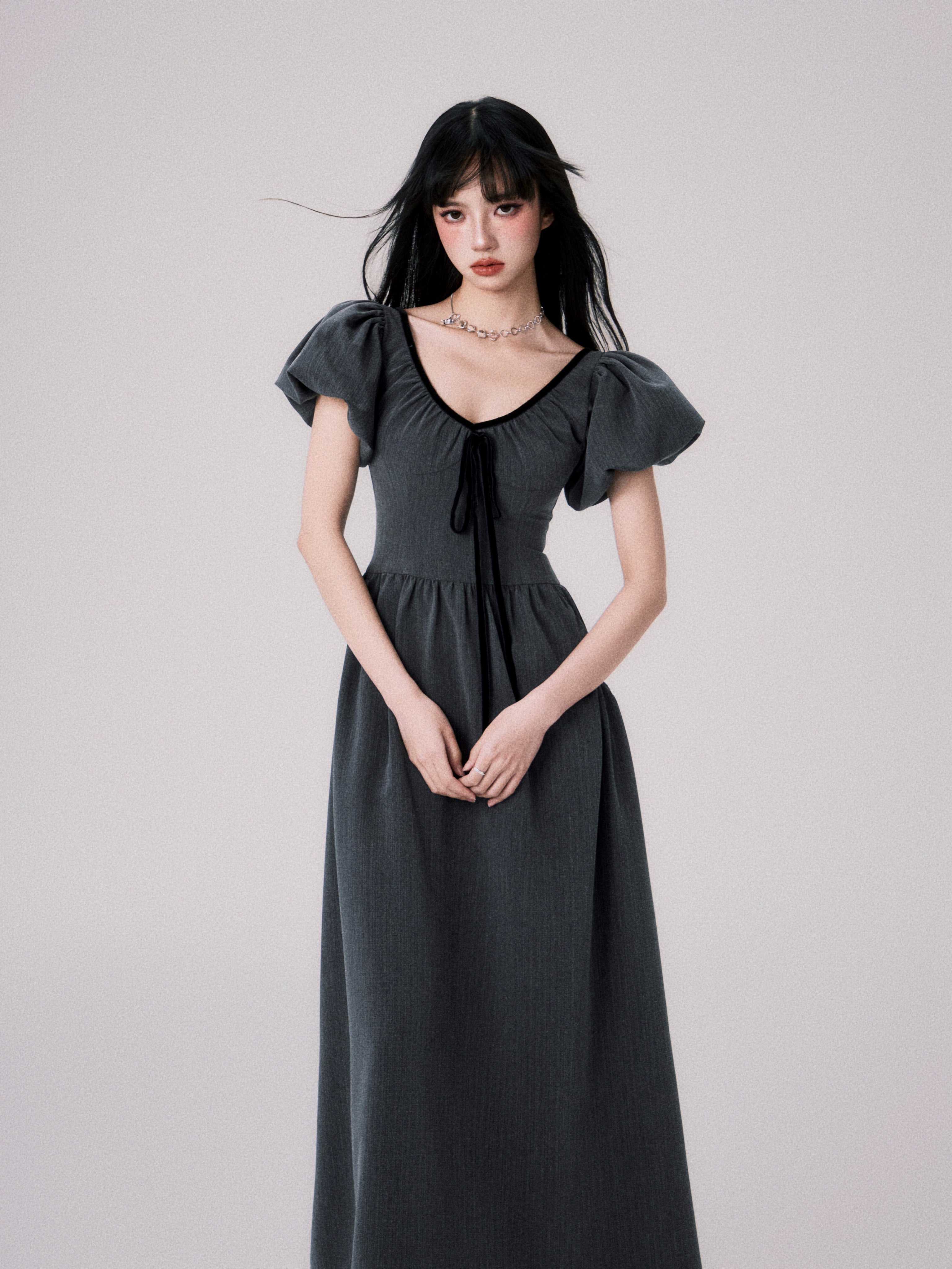 V-neck Puff Sleeve Waist Slimming Long Gather Dress