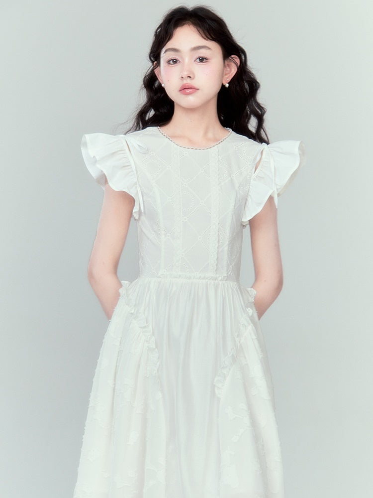 Flying Sleeve Lace Ruffled Dress