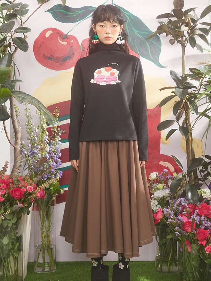 Cherry Cream Cake Print Turtleneck Bottoming Shirt