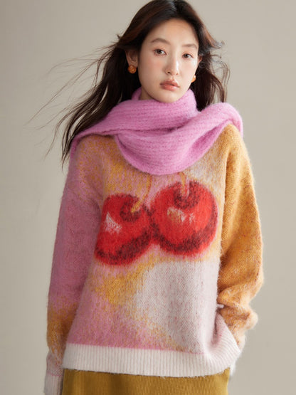 Cherry Gradient Jacquard Loose Pullover Sweater