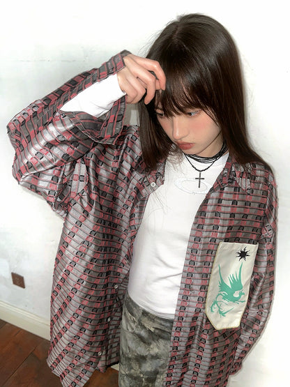 Dragon Pattern Loose Plaid Boyfriend Shirt