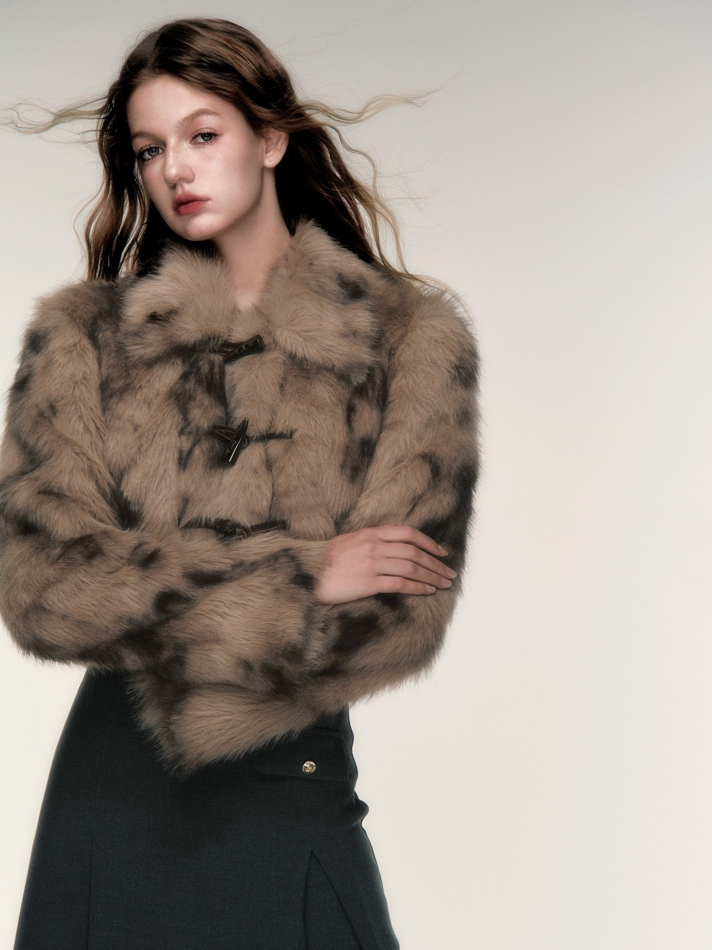 Horn Button Short Leopard Print Imitation Fur Jacket