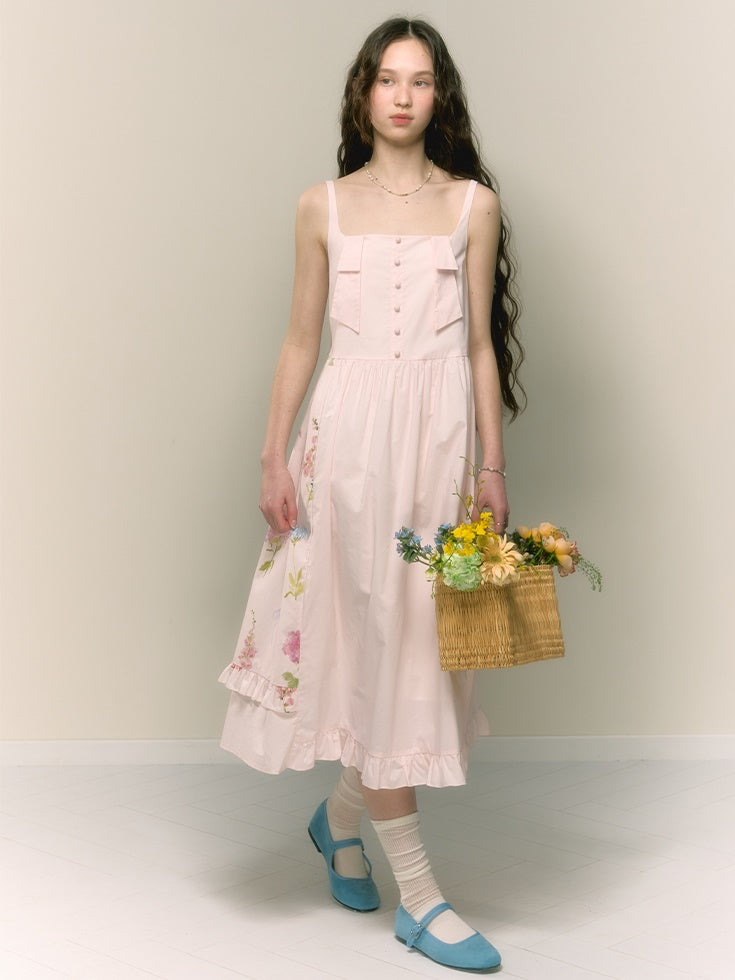 Asymmetric Floral Pleated High Waist Suspender Dress