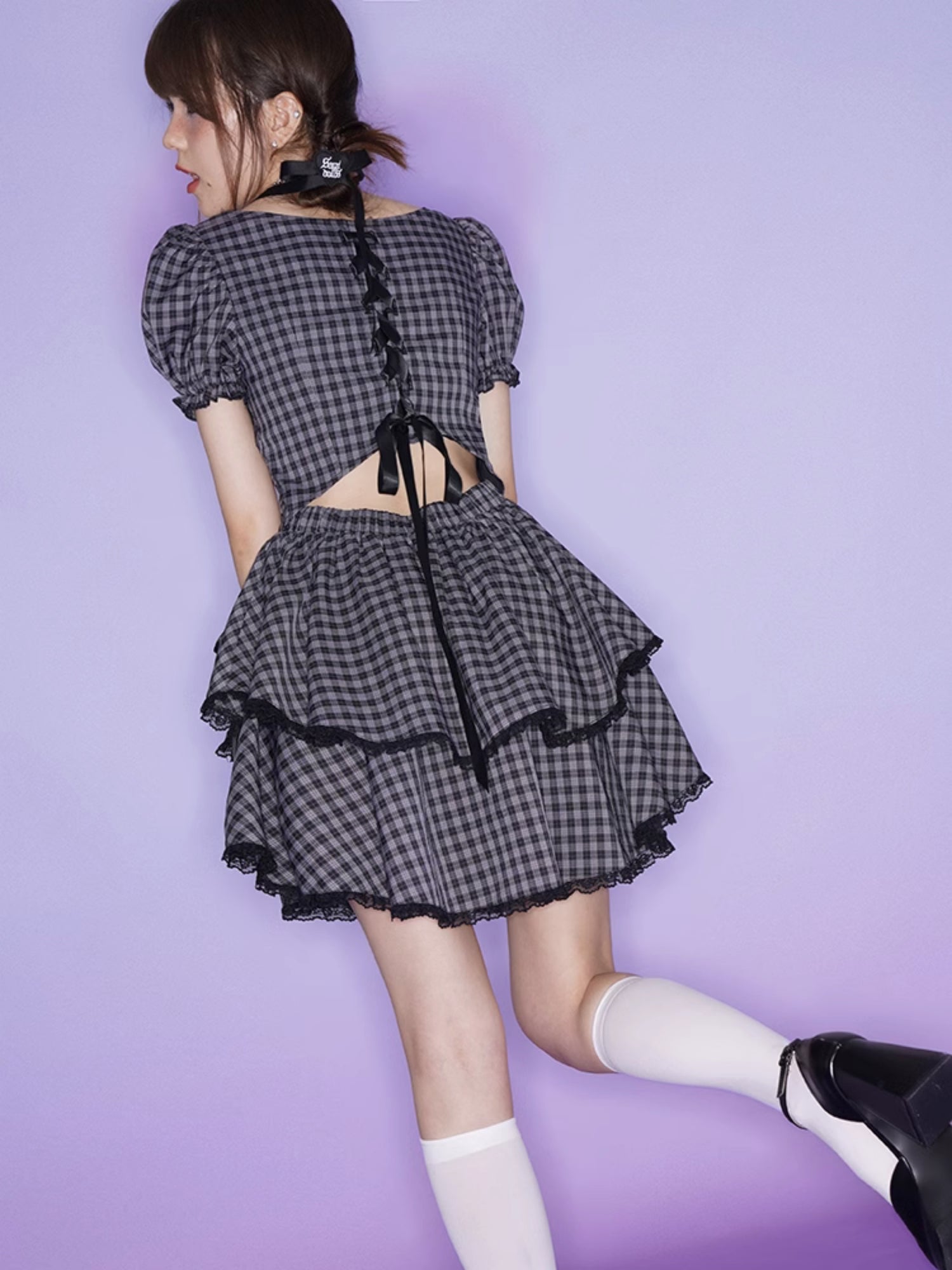 Back Hollow Check Ribbon One-piece