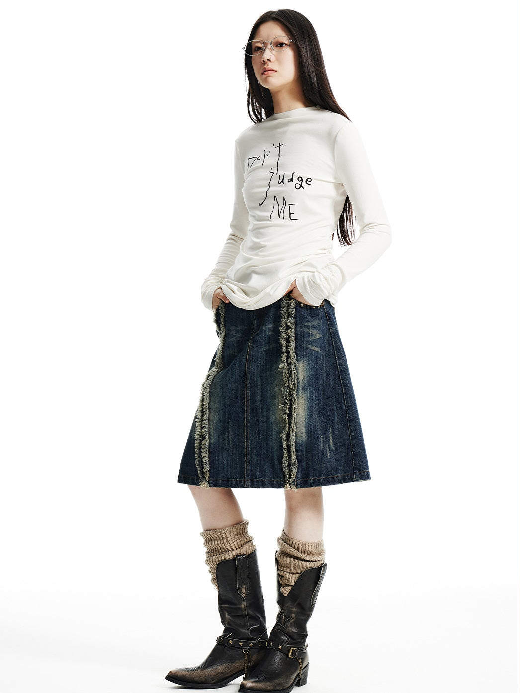 Distressed Washed Denim A-line Mid-length Skirt