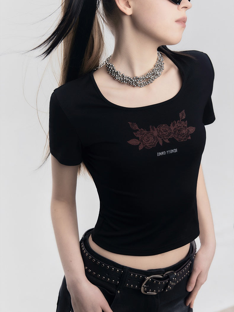 Lace Rose Print Short-Sleeed T-Shirt