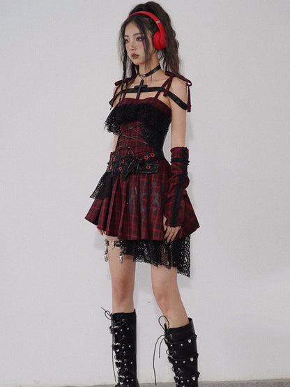 Niche Rock Suspender Plaid Dress