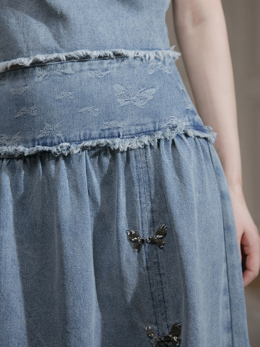 Butterfly Jacquard Denim Sleeveless Top & Skirt Set-up