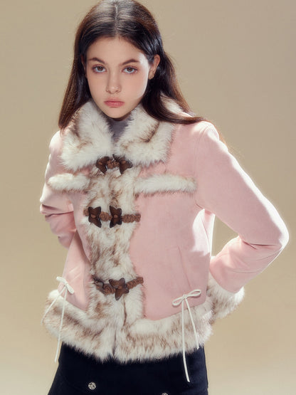 Suede Touch Butterfly Buckle Fur Plush Jacket &amp; Pleated Skirt