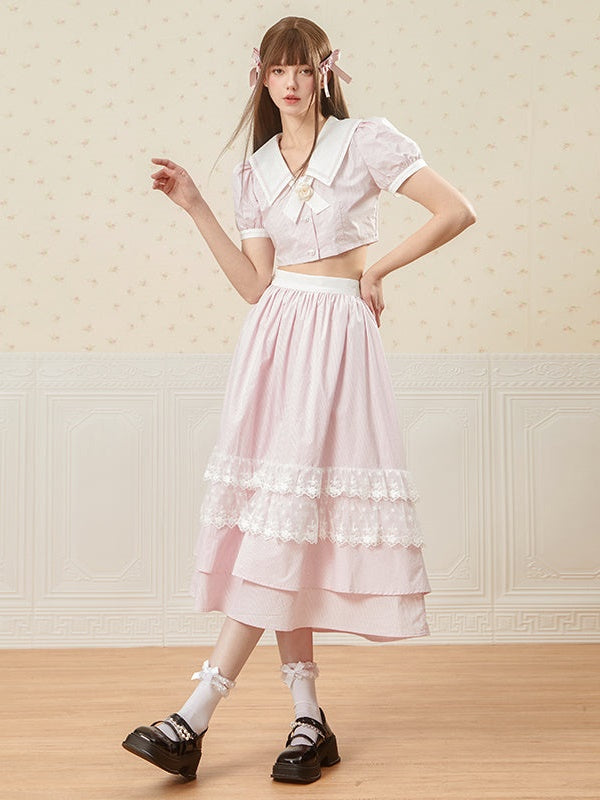 Stripe Sweet Puff Sleeve Top &amp; 2LENGTHE SKIRT