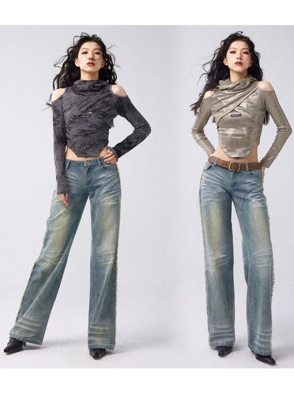 Distressed Washed Straight-leg Low-rise Jeans