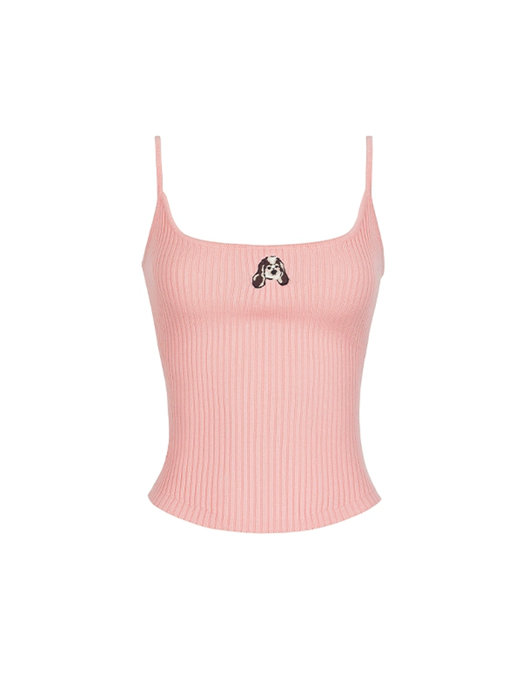 Rib-Knit Embroidery Dog Casual Inner Camisole