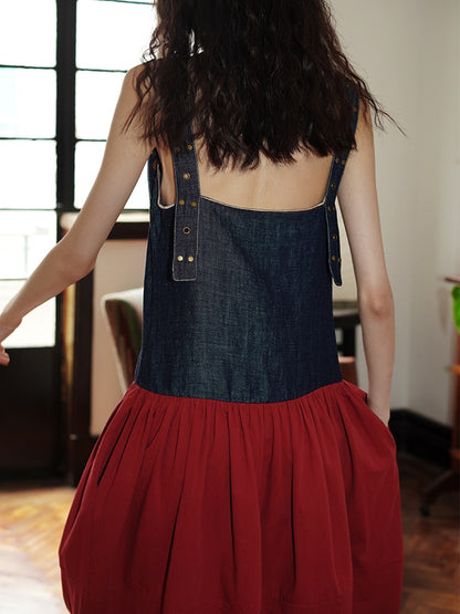 Denim Stitching Embroidery Loose Strap Dress