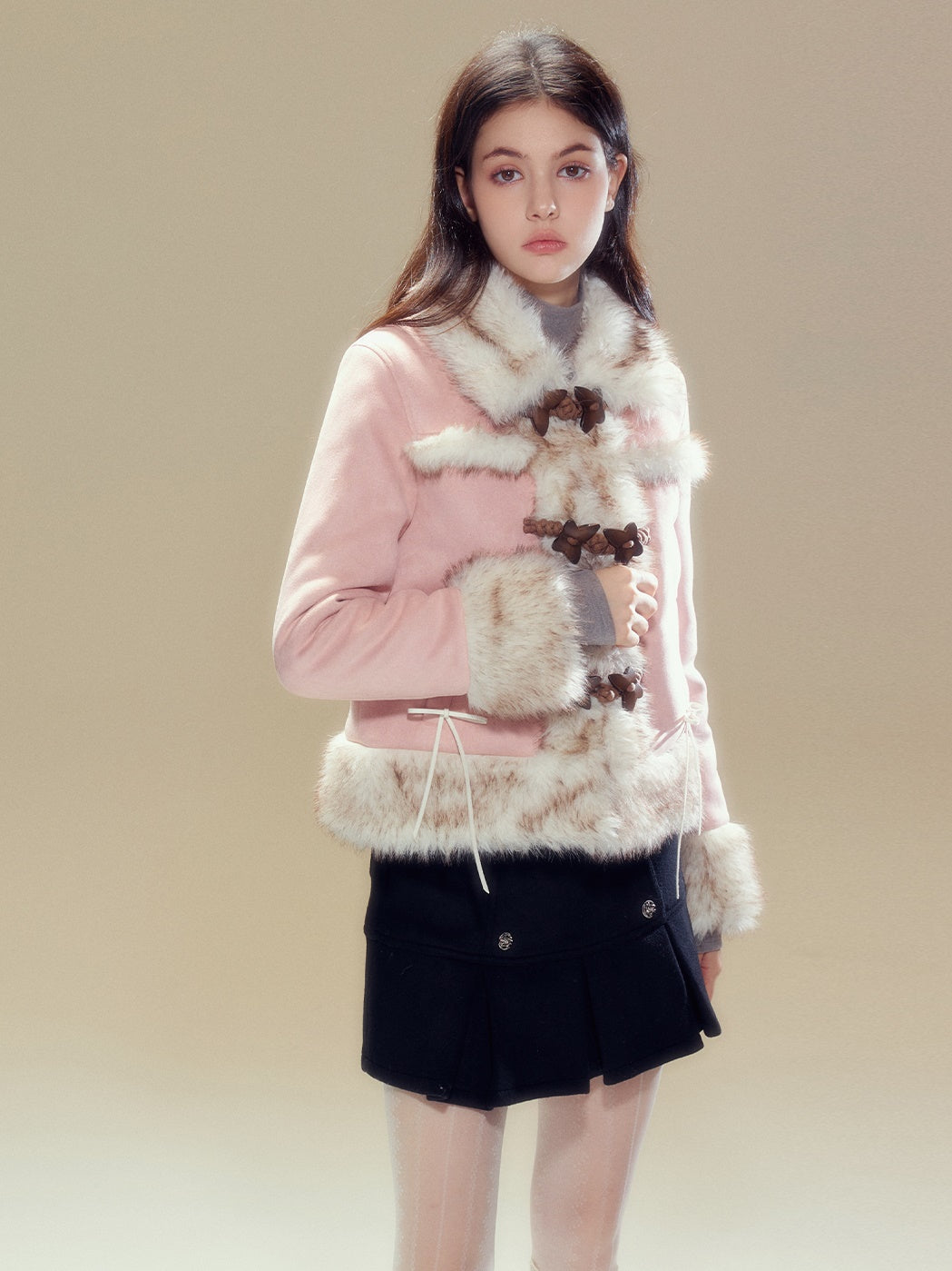 Suede Touch Butterfly Buckle Fur Plush Jacket &amp; Pleated Skirt