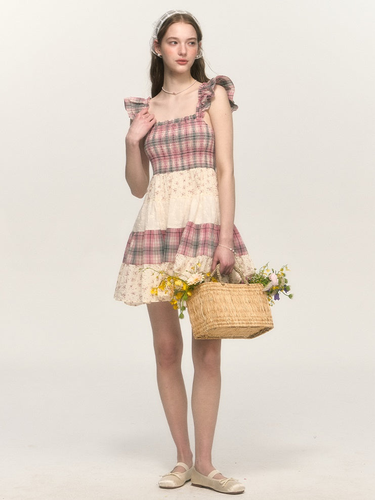 Retro Plaid Floral Lace Patchwork Small Flying Sleeves Dress