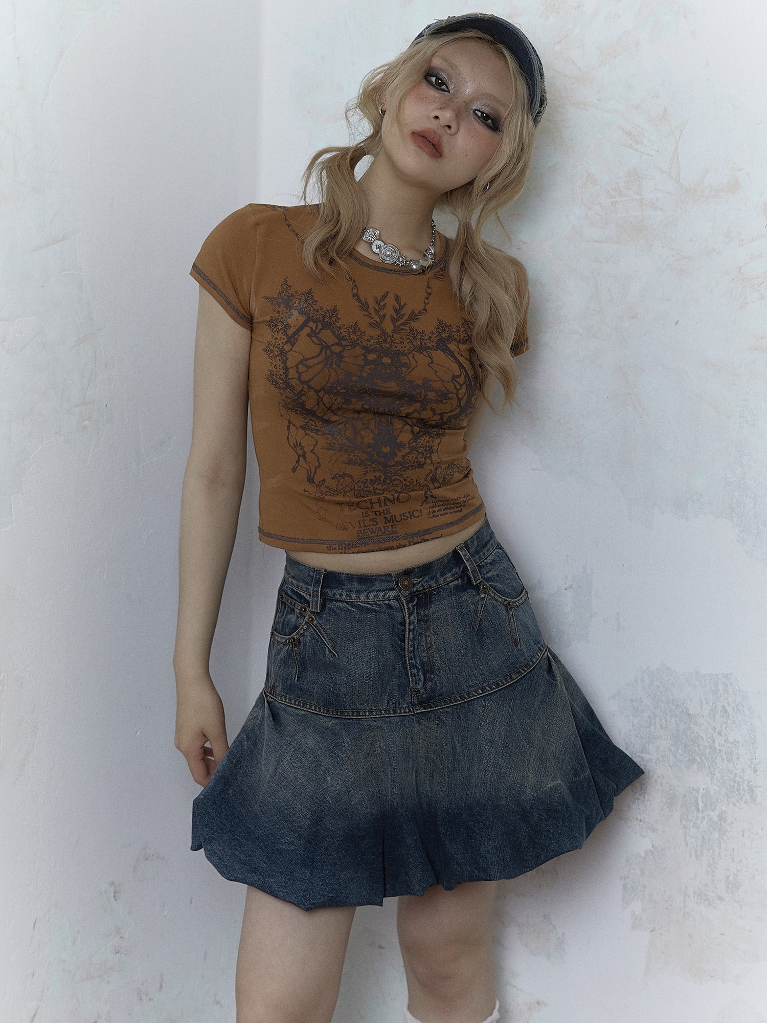 Retro Old Bud Fluffy A-line Denim Skirt