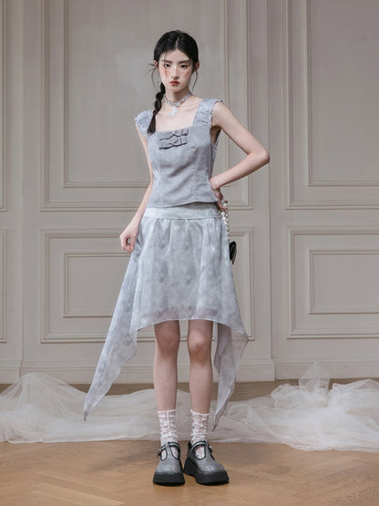 Moran Ribbon Sleeveless Top ＆ Irregular Hem Skirt Set-up