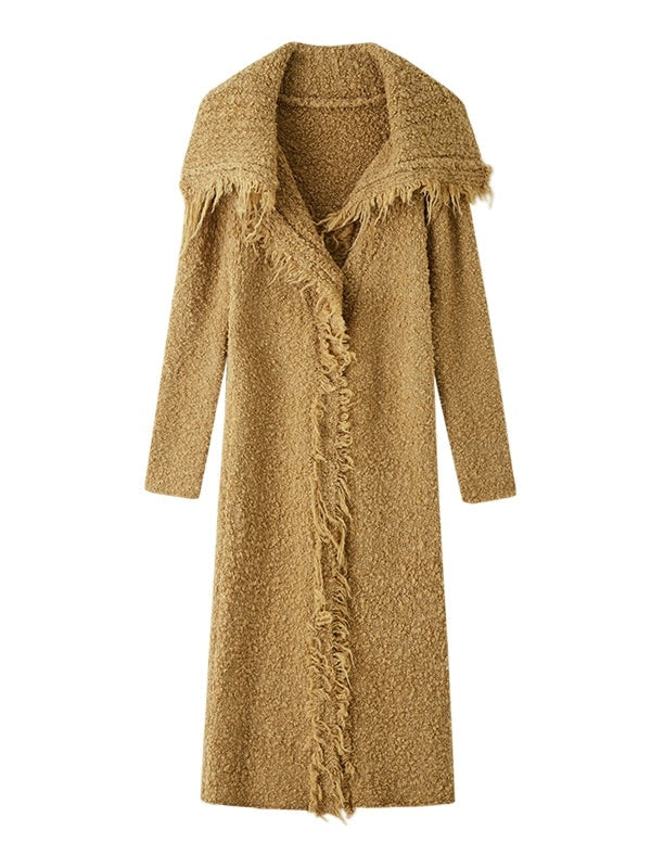 Large Collar Fringed Long Knitted Cardigan