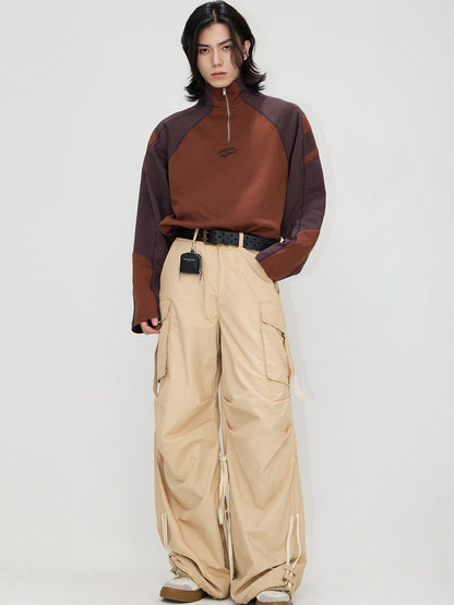 Drawstrings Color Matching Knee Pleated Loose Parachute Pants