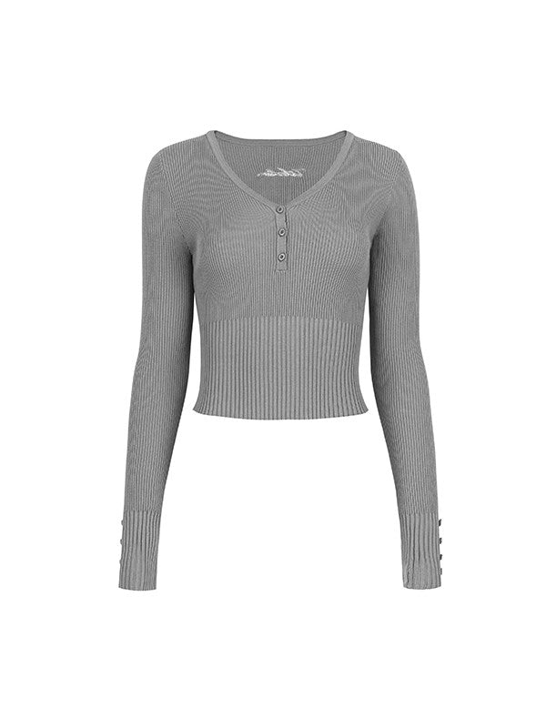 V-Neck Short Slim Simple Casual Rib-Knit