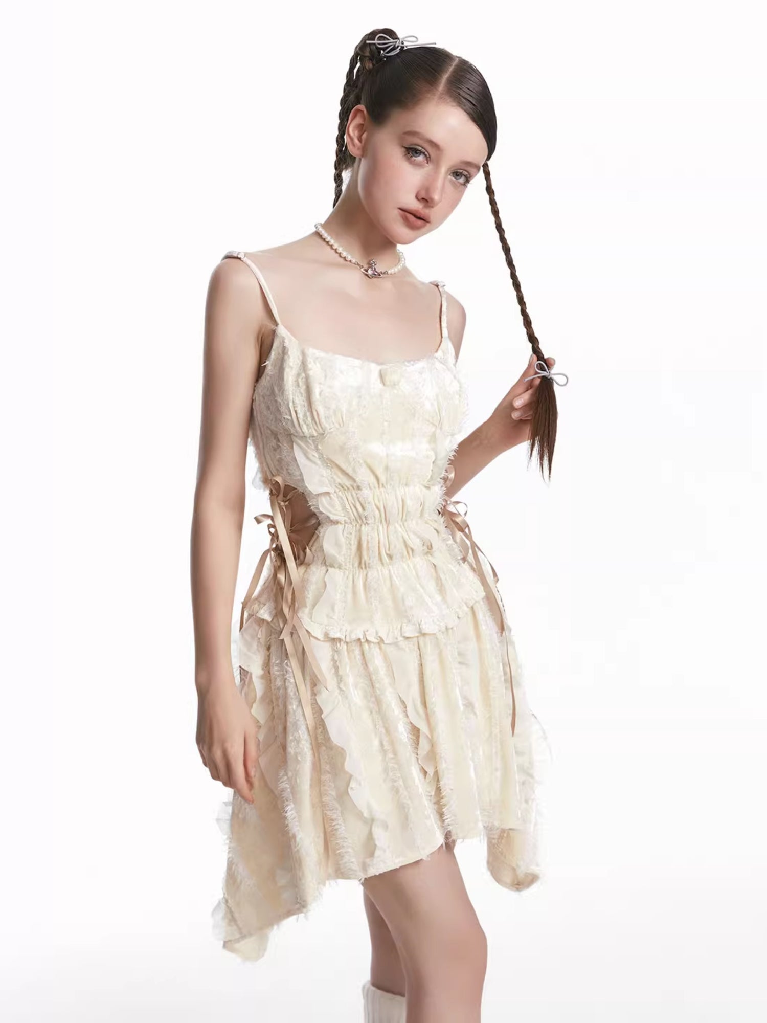 Velvet Asymmetrical Side Hollow Ribbon Dress