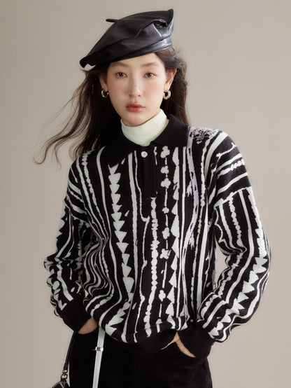 Dragon Pattern Jacquard Polo Sweater &amp; Knitted Skirt