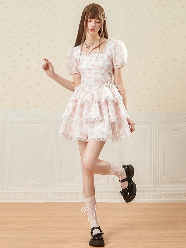 SQUARE COLLAR SIDE LACEUUP PUFF CAKE Dress