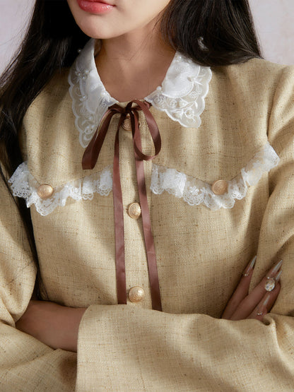 Lace Collar Tweed Short Jacket &amp; Box Pleat Skirt