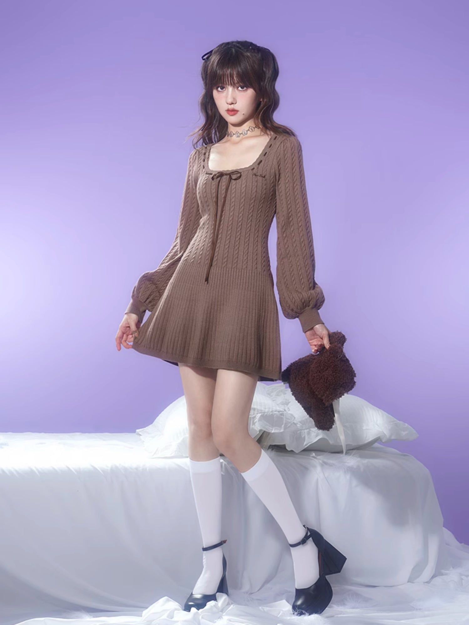 Square Neck Cable Knitted Dress