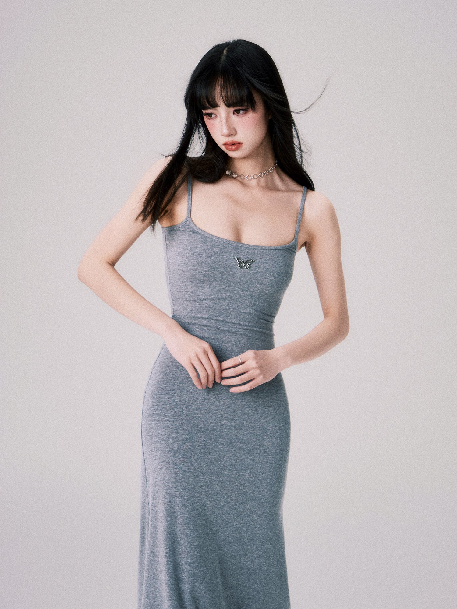 Square Neck Slim Suspender Long Dress