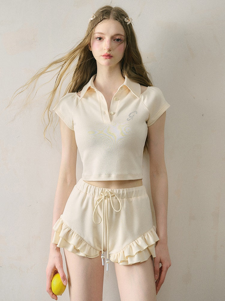 Cropped Polo Collar Shirt ＆ Ruffle Short Pants