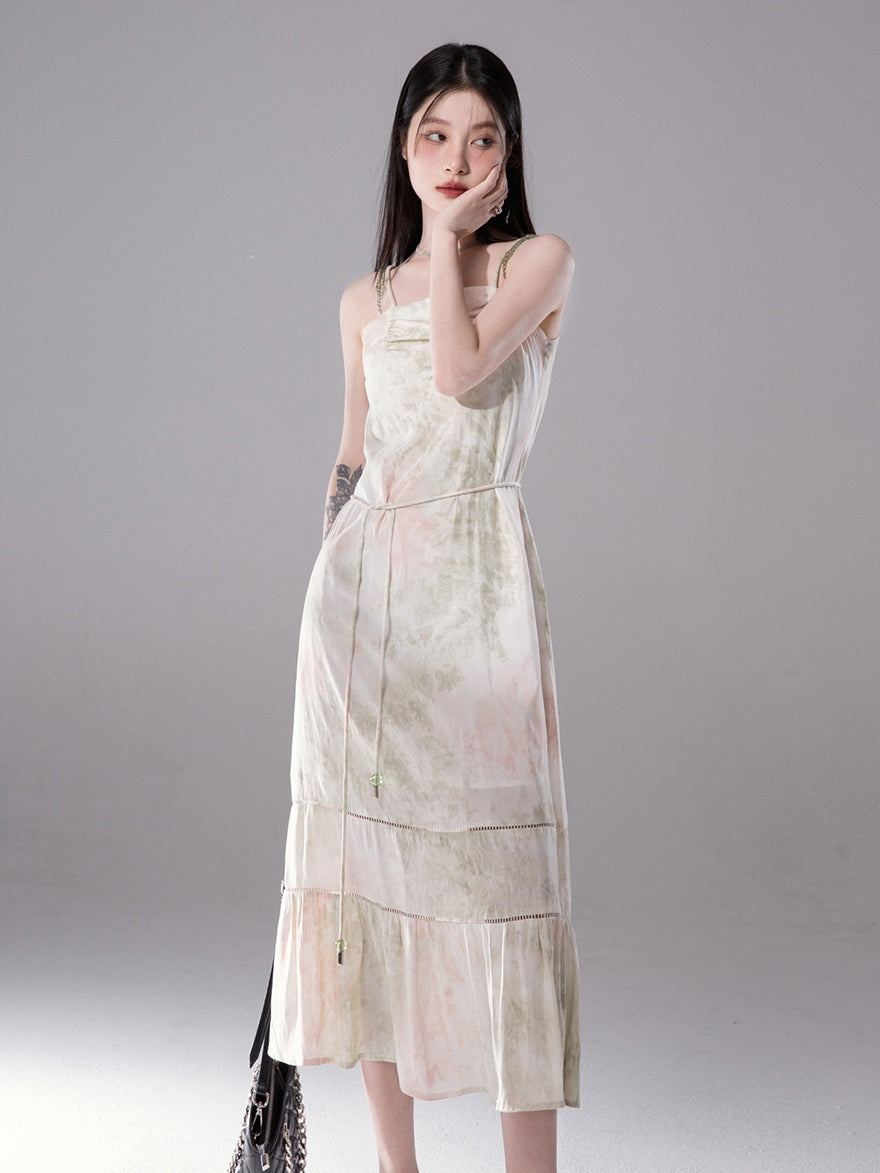 Lazy Smudged Drawstring Sling Dress